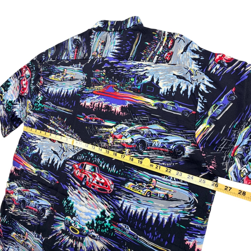 Vintage Hawaiian Shirt Monticerutti Men 2XL‎ Tall Black Grand Prix Race Car AOP - Picture 12 of 13